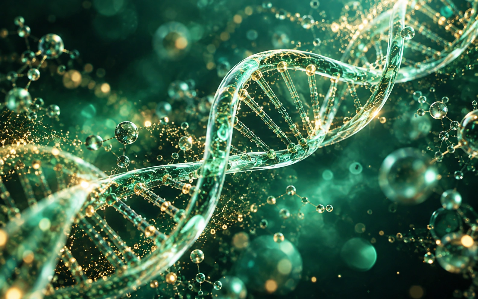 绿色与金色光影中的 DNA 双螺旋应用示意